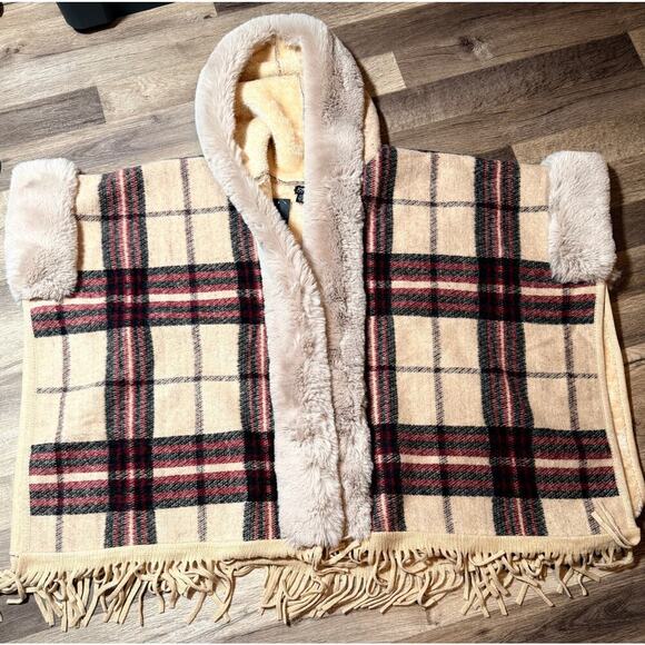 Jones New York Faux Fur Plaid Fringe Wrap Cape – Camel/Red – NWT - Picture 6 of 6